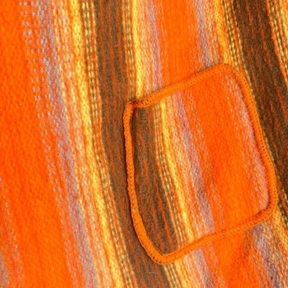 Vintage Wool Bright Orange Brown Striped Poncho w Patch Pockets OS - Picture 2 of 9